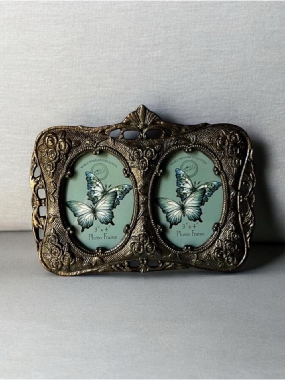 Gold ornate Double Photo Frame metal or brass for 3”x4” photo